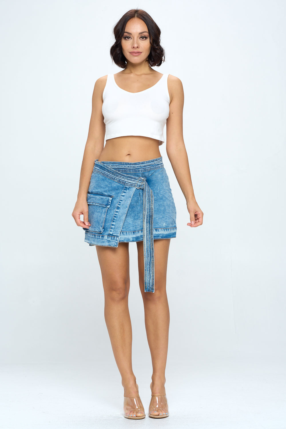 Crisscross Asymmetrical Belted Skirt Stretch Black DS2014
