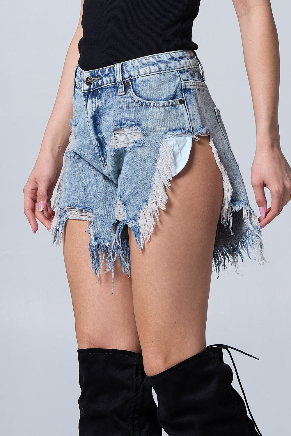 High Rise Acid Wash Frayed Side Cut Denim Short AS5001 Light