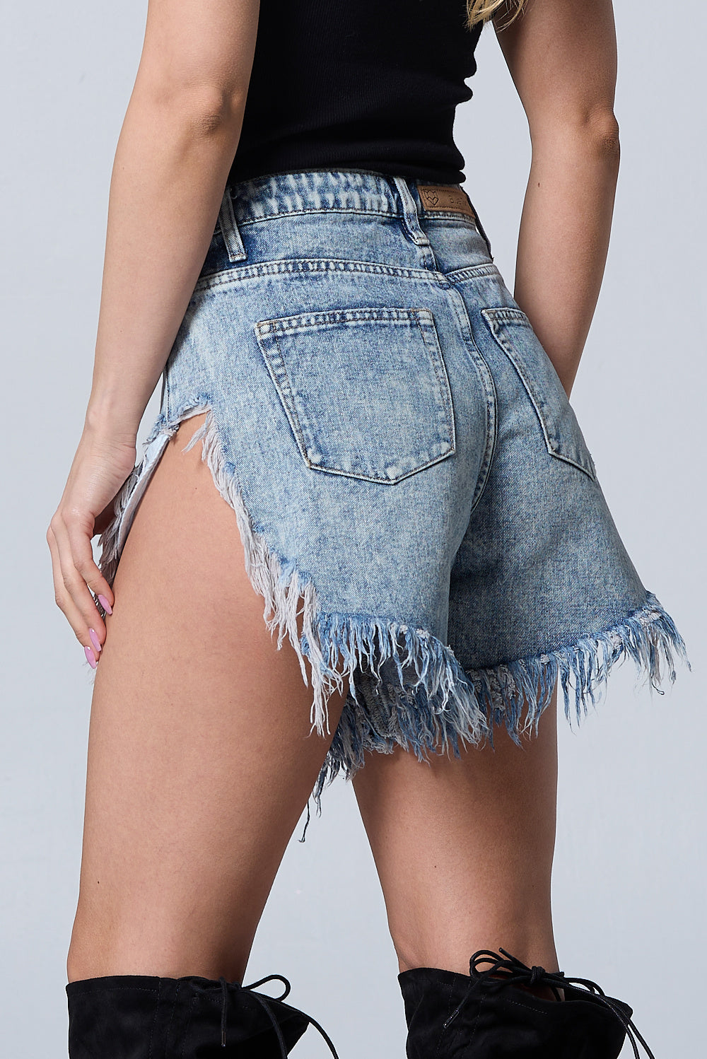 High Rise Acid Wash Frayed Side Cut Denim Short AS5001 Light