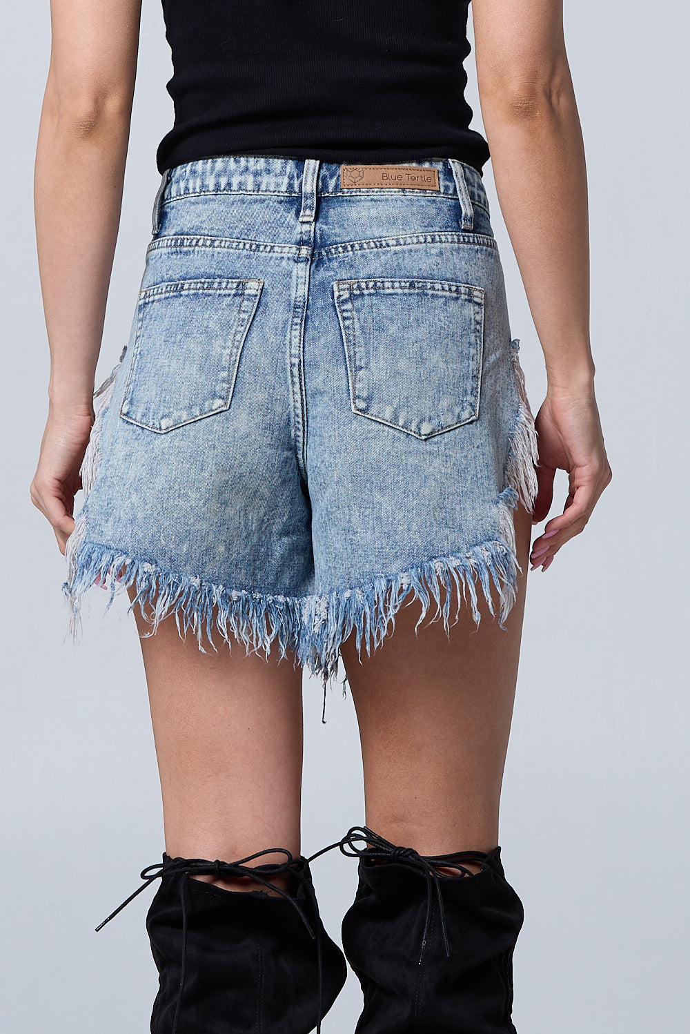 High Rise Acid Wash Frayed Side Cut Denim Short AS5001 Light