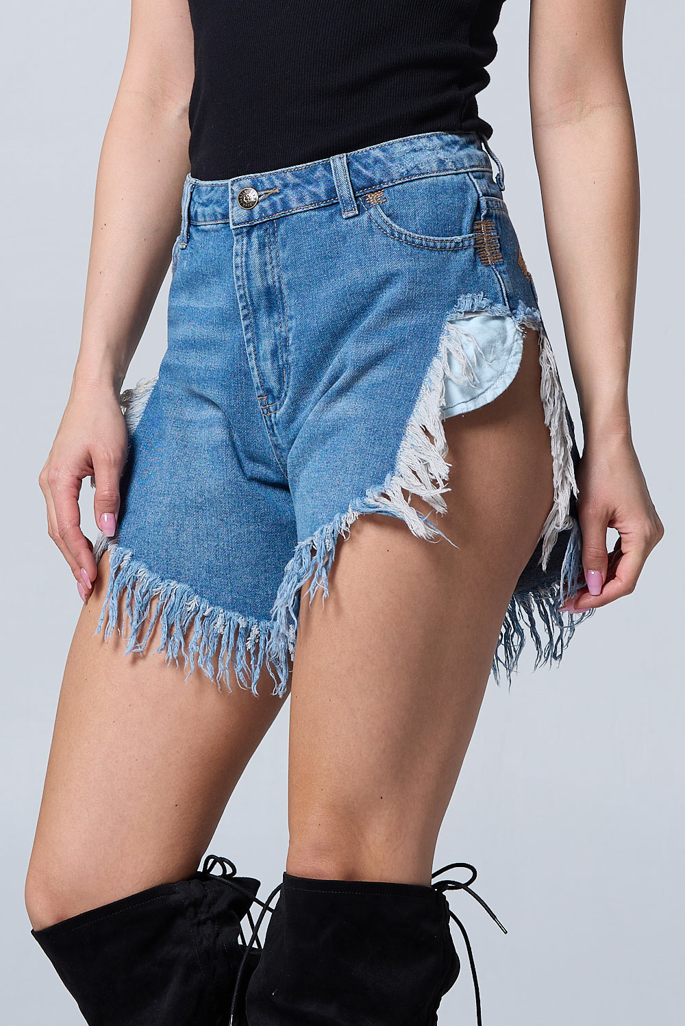 High Rise Super Frayed Side Cut Denim Short AS5003 Light