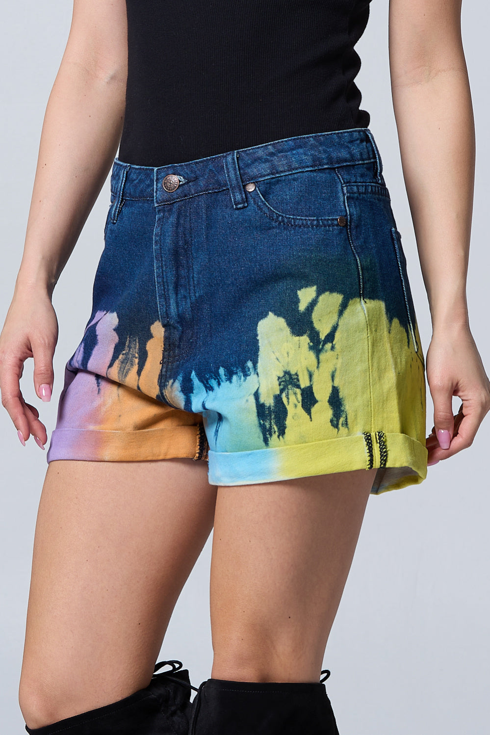 High Rise Multicolor Paint Dip Dyed Denim Short AS5004 Dark