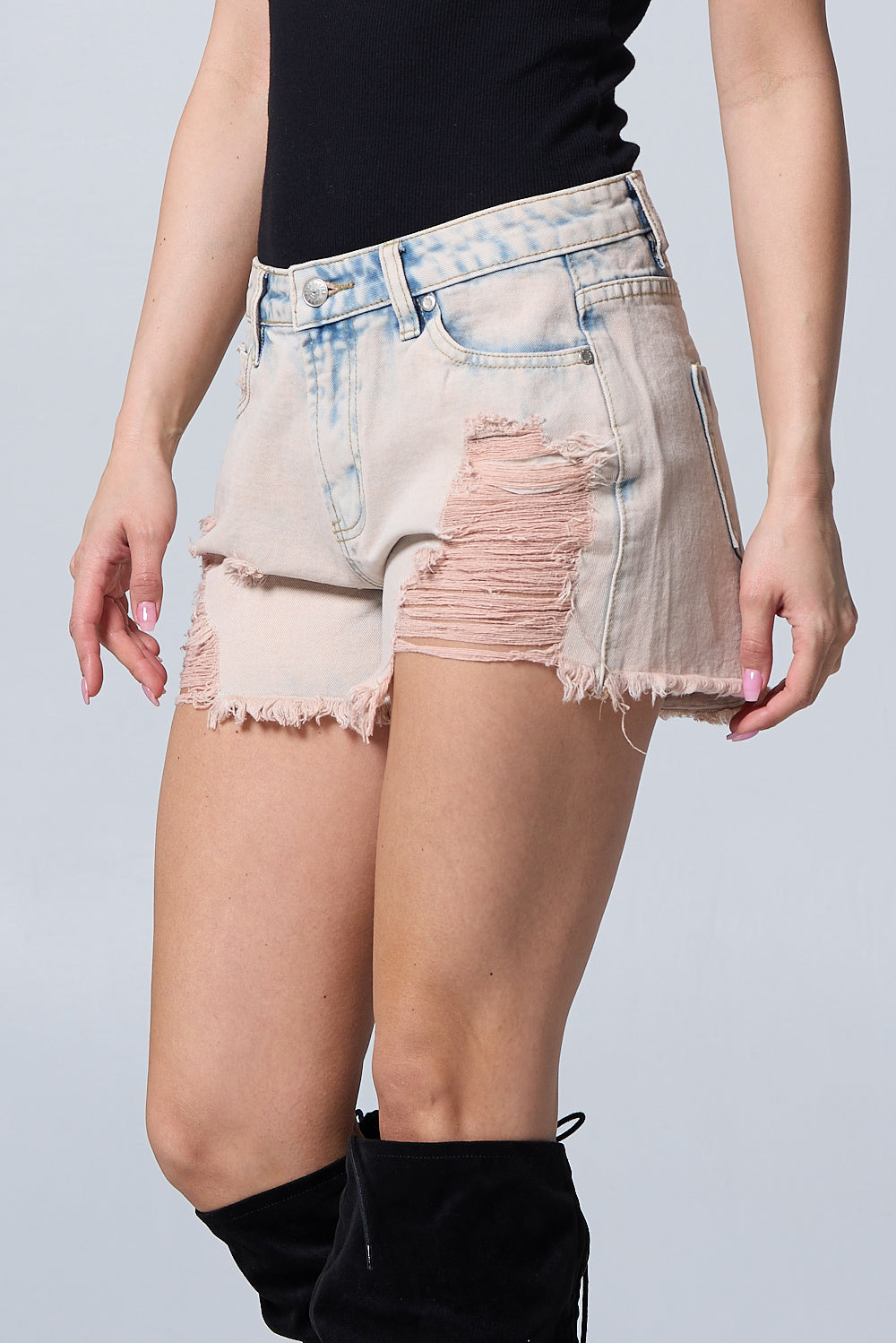 Mid Rise Distressed Pink Overdye Denim Short AS5002