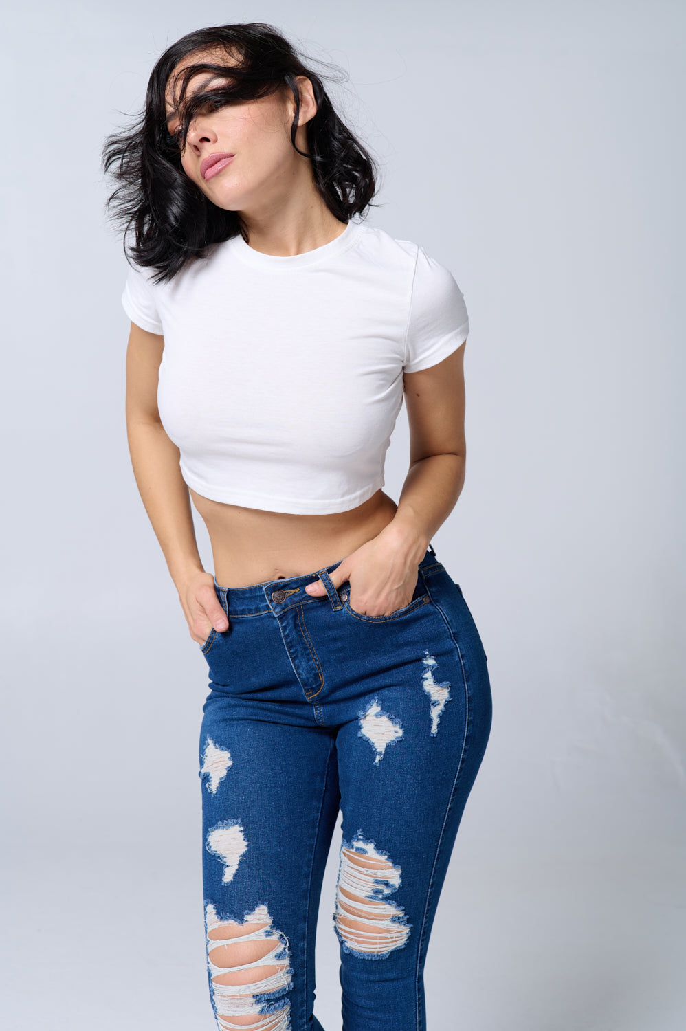 Distressed High Waisted Skinny Jeans Extreme Stretch Dark RH2212