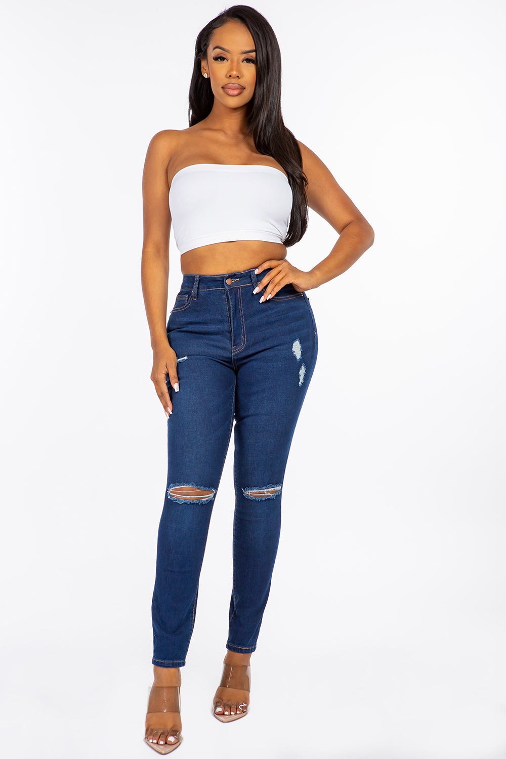 Extreme Stretch Distressed High Rise Skinny Jeans Dark YH2212