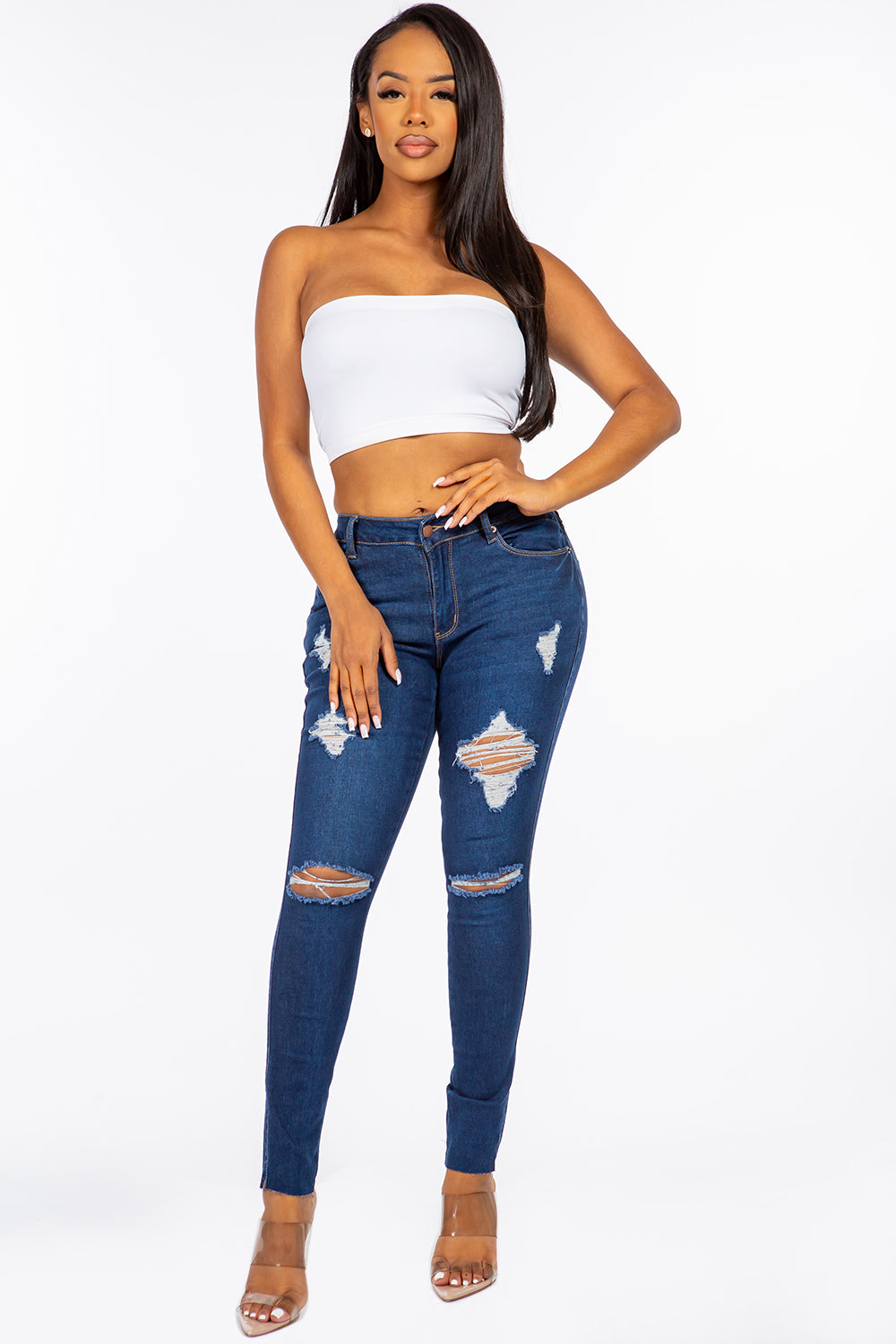 NEW Extreme Stretch Distressed Mid Rise Skinny Jean Dark YR2203