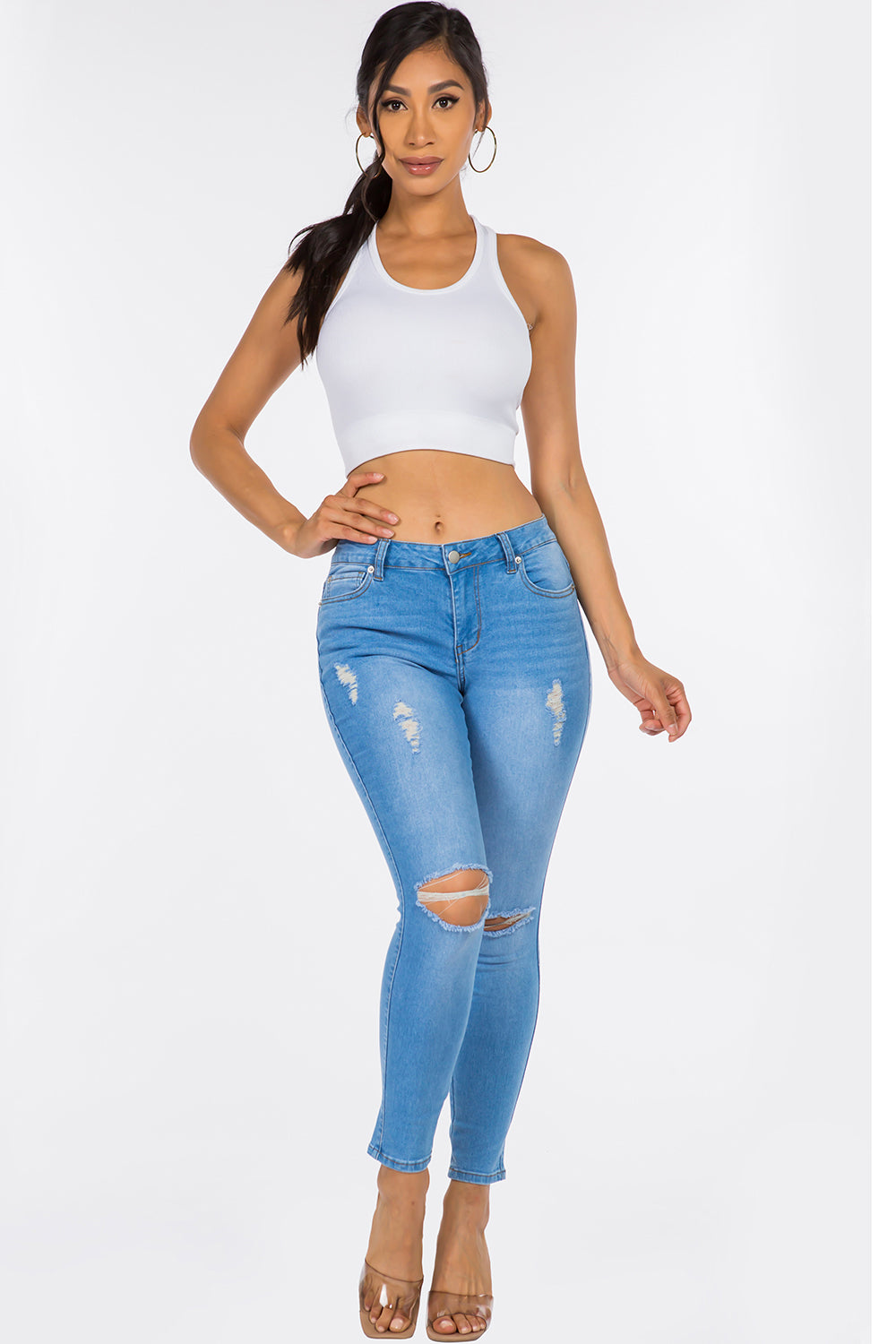 NEW Extreme Stretch Distressed Mid Rise Skinny Jean Dark YR2202