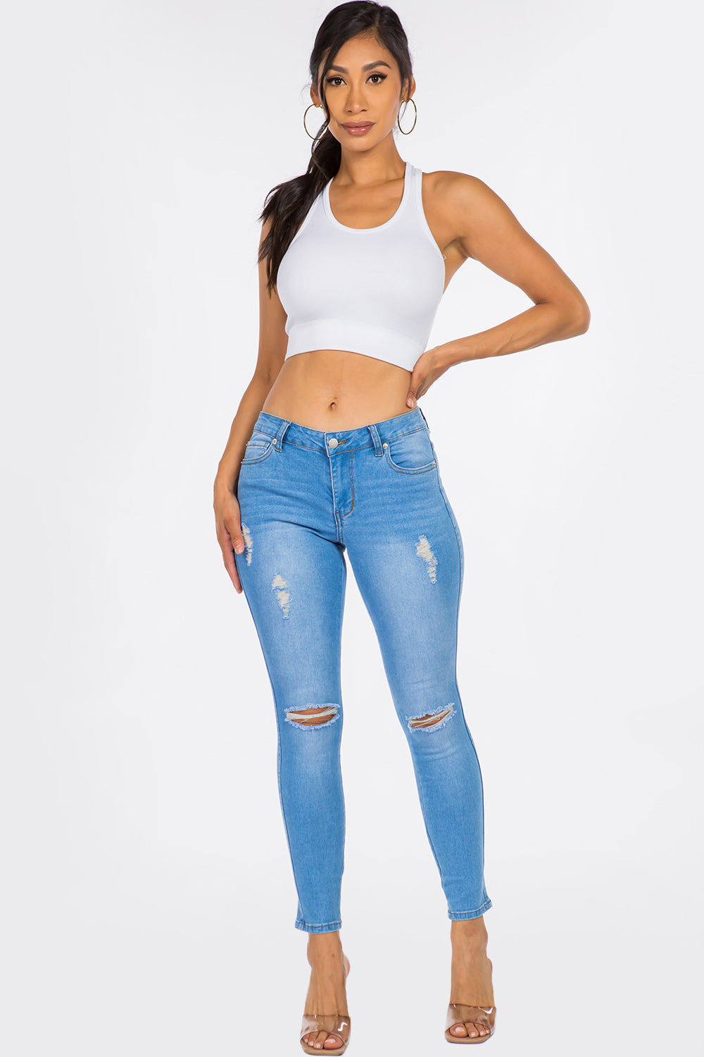 NEW Extreme Stretch Distressed Mid Rise Skinny Jean Dark YR2202