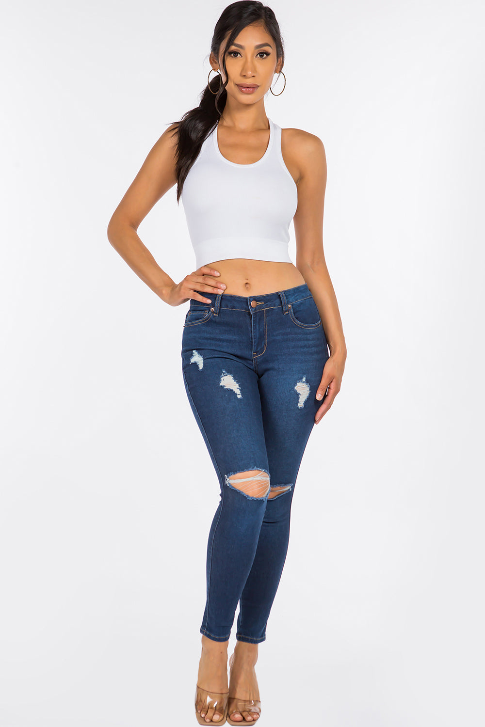 NEW Extreme Stretch Distressed Mid Rise Skinny Jean Dark YR2202