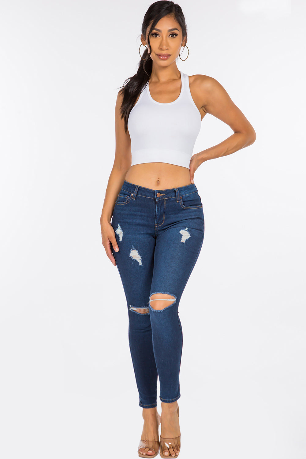 NEW Extreme Stretch Distressed Mid Rise Skinny Jean Dark YR2202