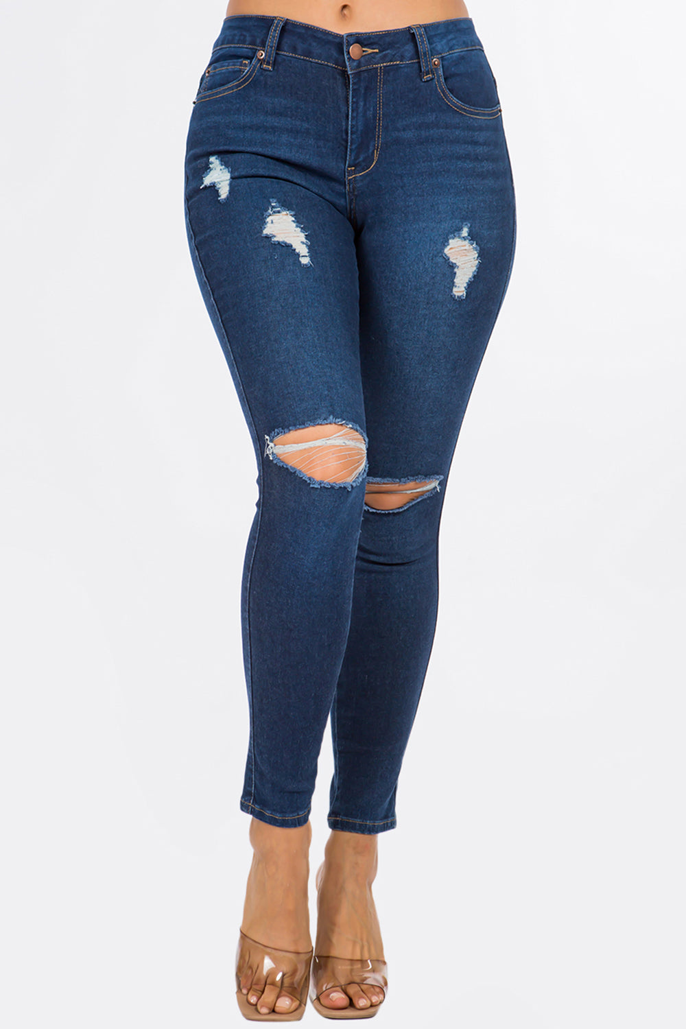 NEW Extreme Stretch Distressed Mid Rise Skinny Jean Dark YR2202