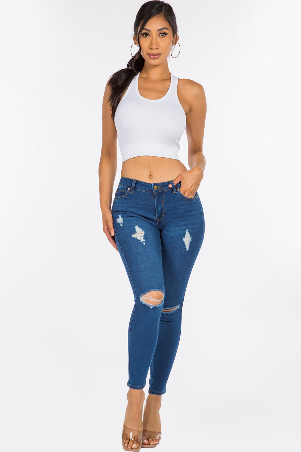 NEW Extreme Stretch Distressed Mid Rise Skinny Jean Dark YR2202