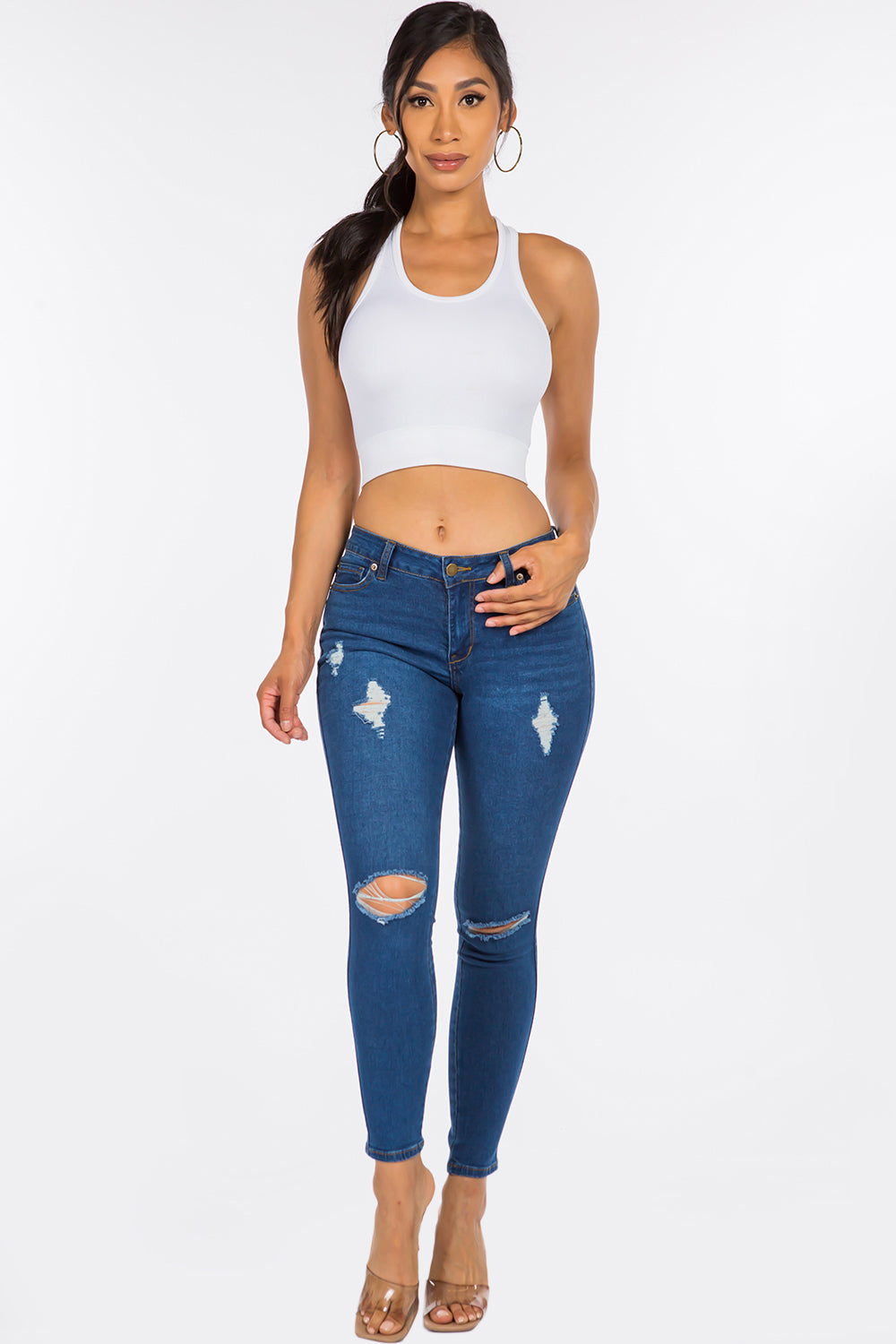 NEW Extreme Stretch Distressed Mid Rise Skinny Jean Dark YR2202