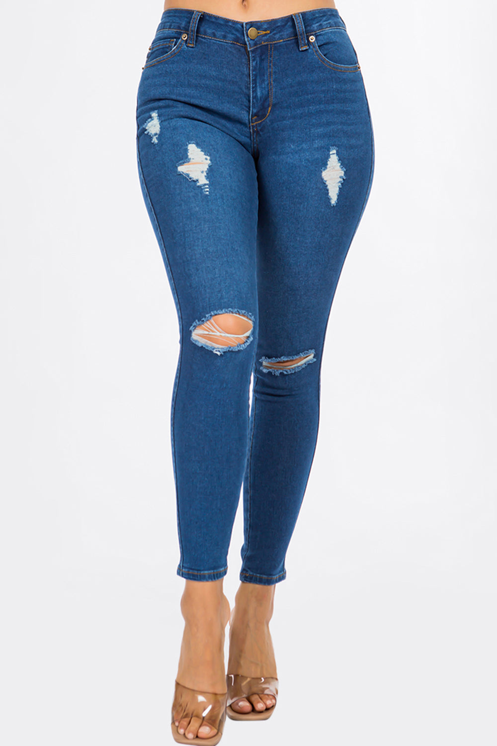 NEW Extreme Stretch Distressed Mid Rise Skinny Jean Dark YR2202