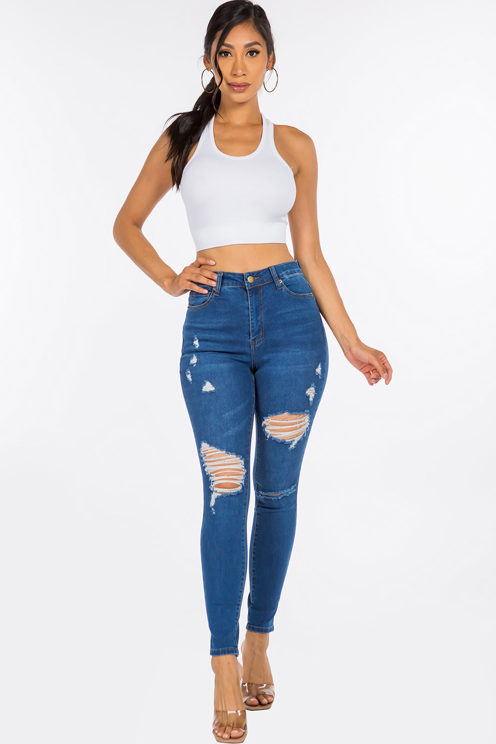 NEW Distressed High Waist Skinny Jean Medium Blue YH2211