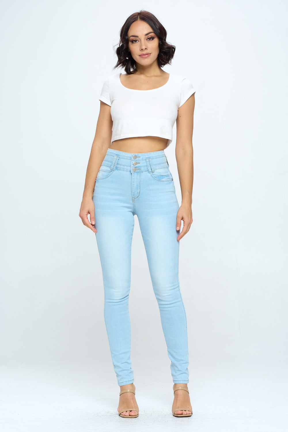 Stacked Waist Slimming High Waist Skinny Jeans Light Blue