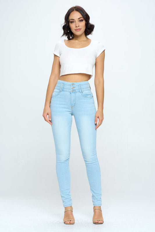 Stacked Waist Slimming High Waist Skinny Jeans Light Blue