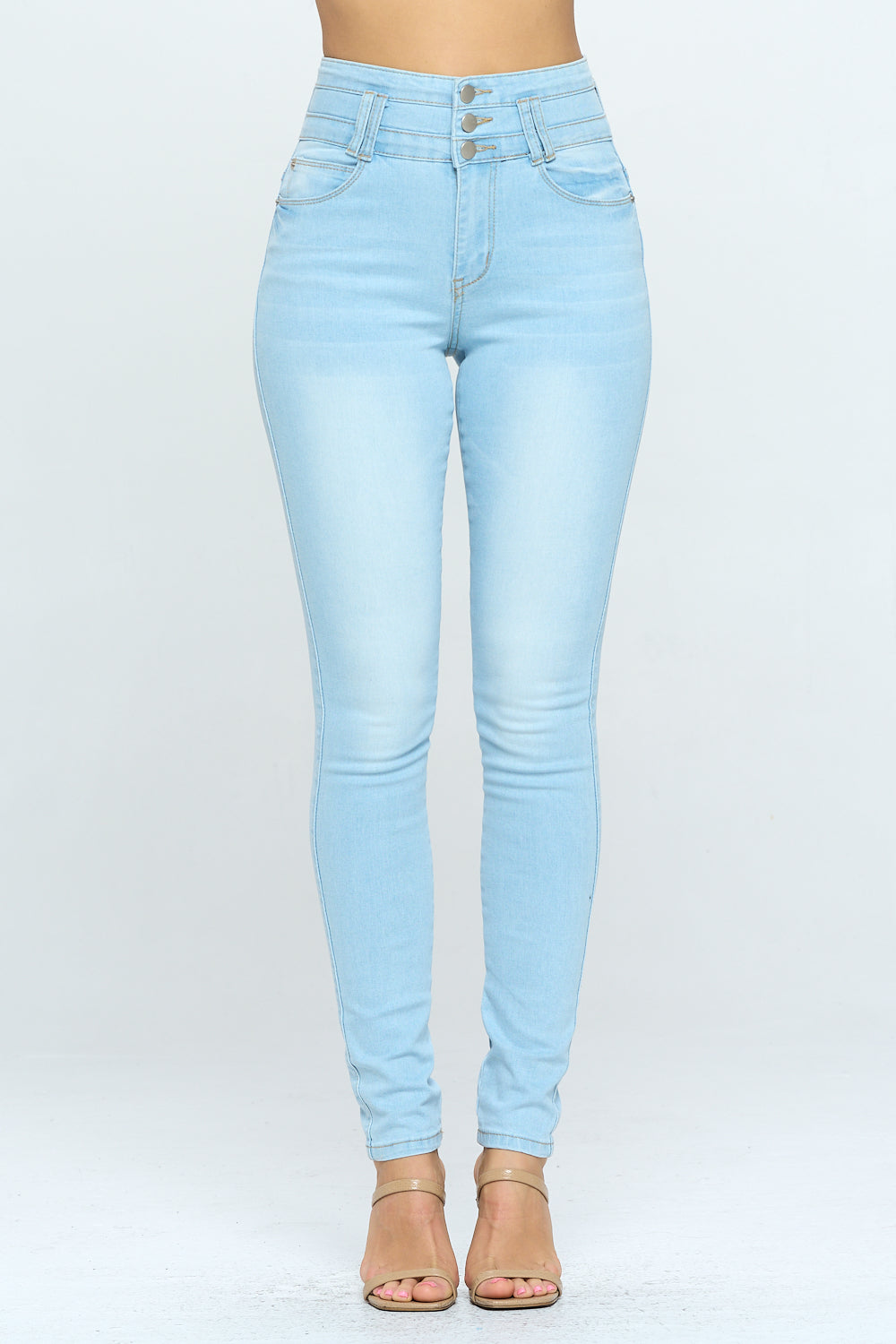 Stacked Waist Slimming High Waist Skinny Jeans Light Blue