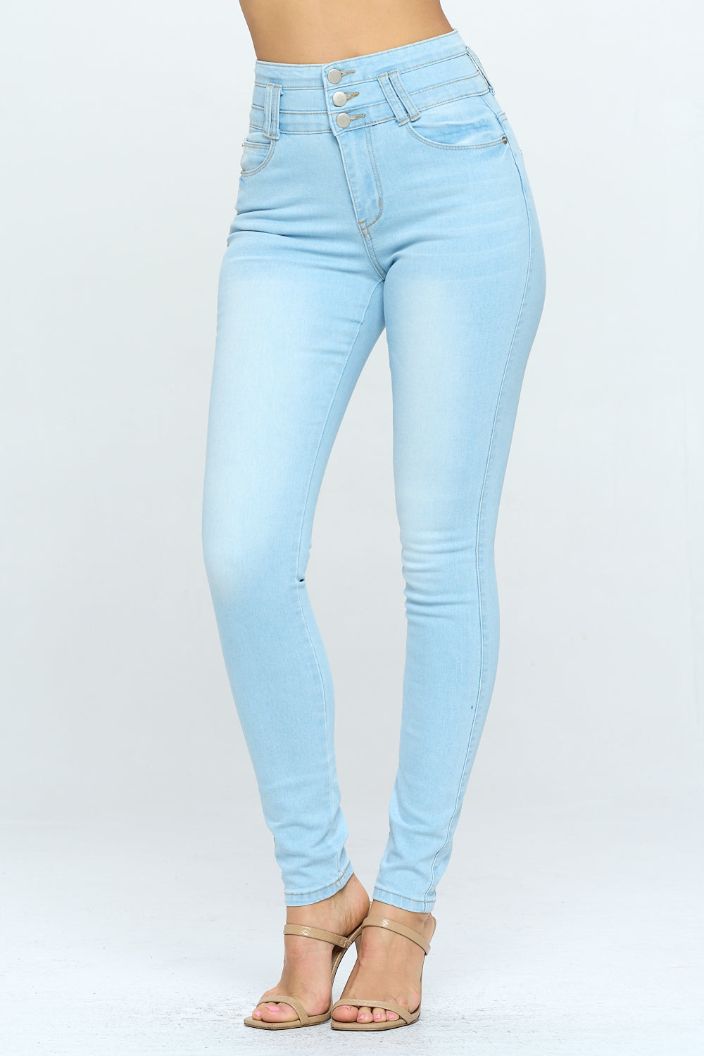 Stacked Waist Slimming High Waist Skinny Jeans Light Blue