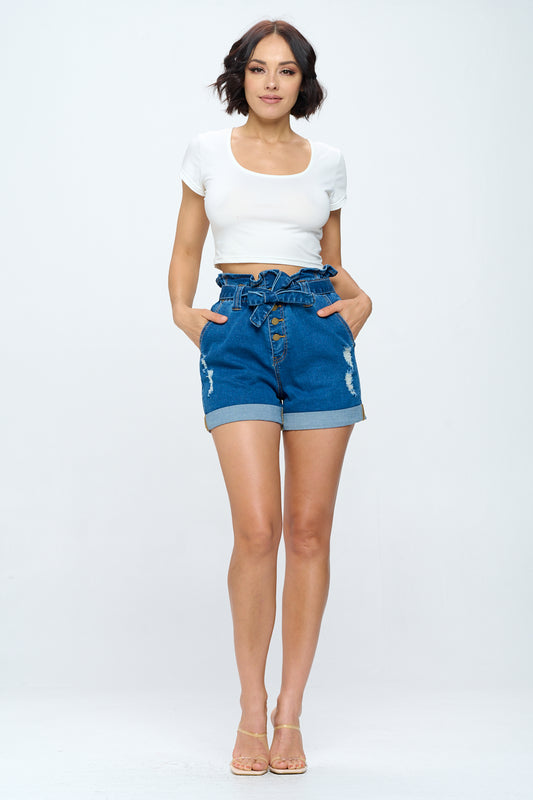 XS2110 High Waist Belted Paperbag Ruffled Super Stretch Short Medium