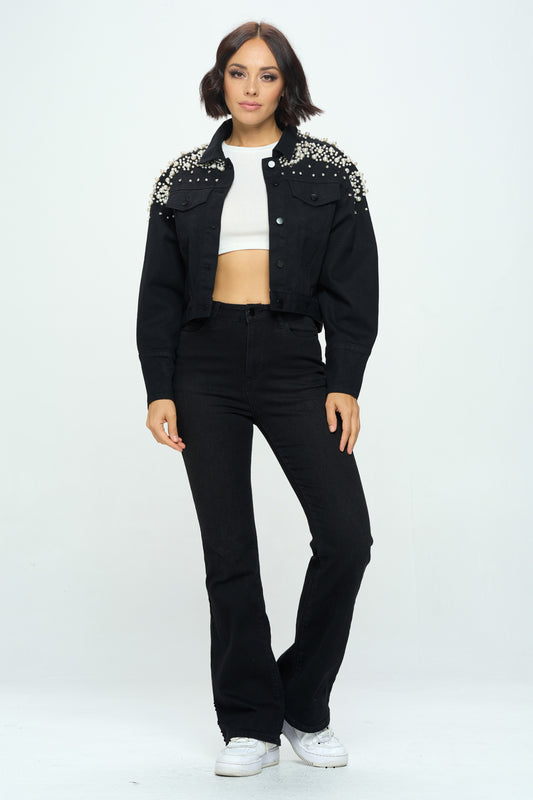 Queen Full Length Pearl and Rhinestone Denim Jacket Black