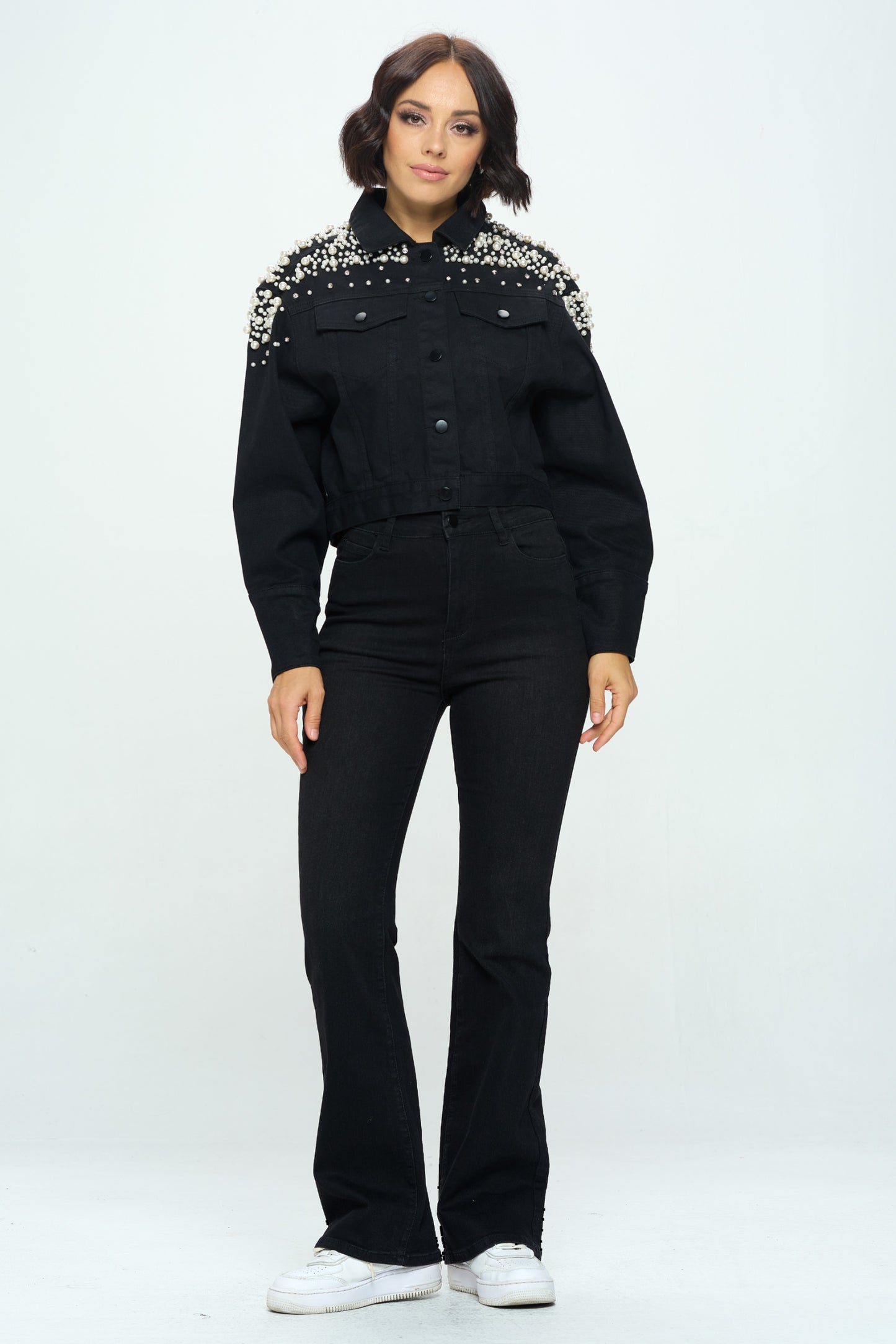 Queen Full Length Pearl and Rhinestone Denim Jacket Black