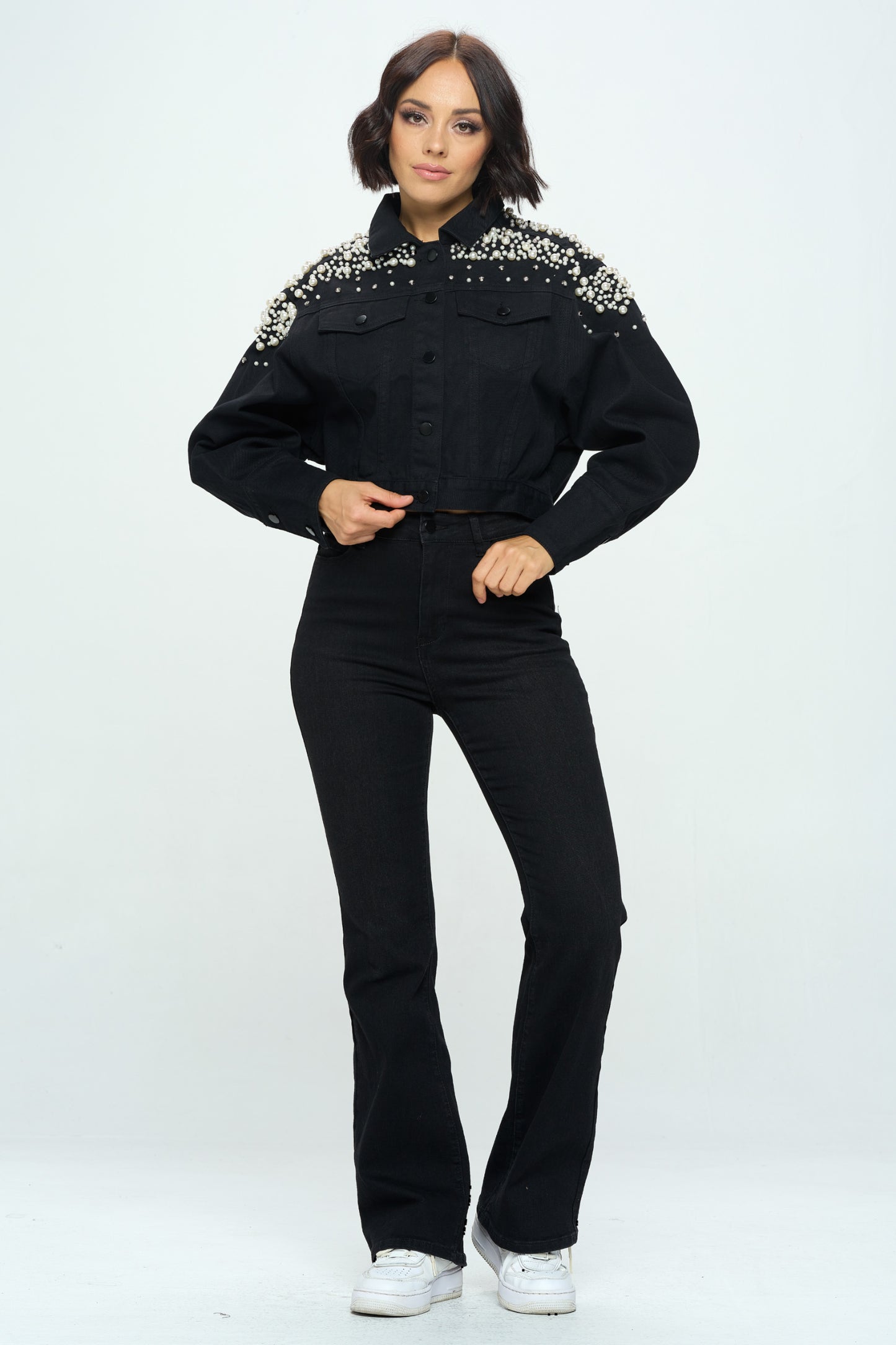 Queen Full Length Pearl and Rhinestone Denim Jacket Black