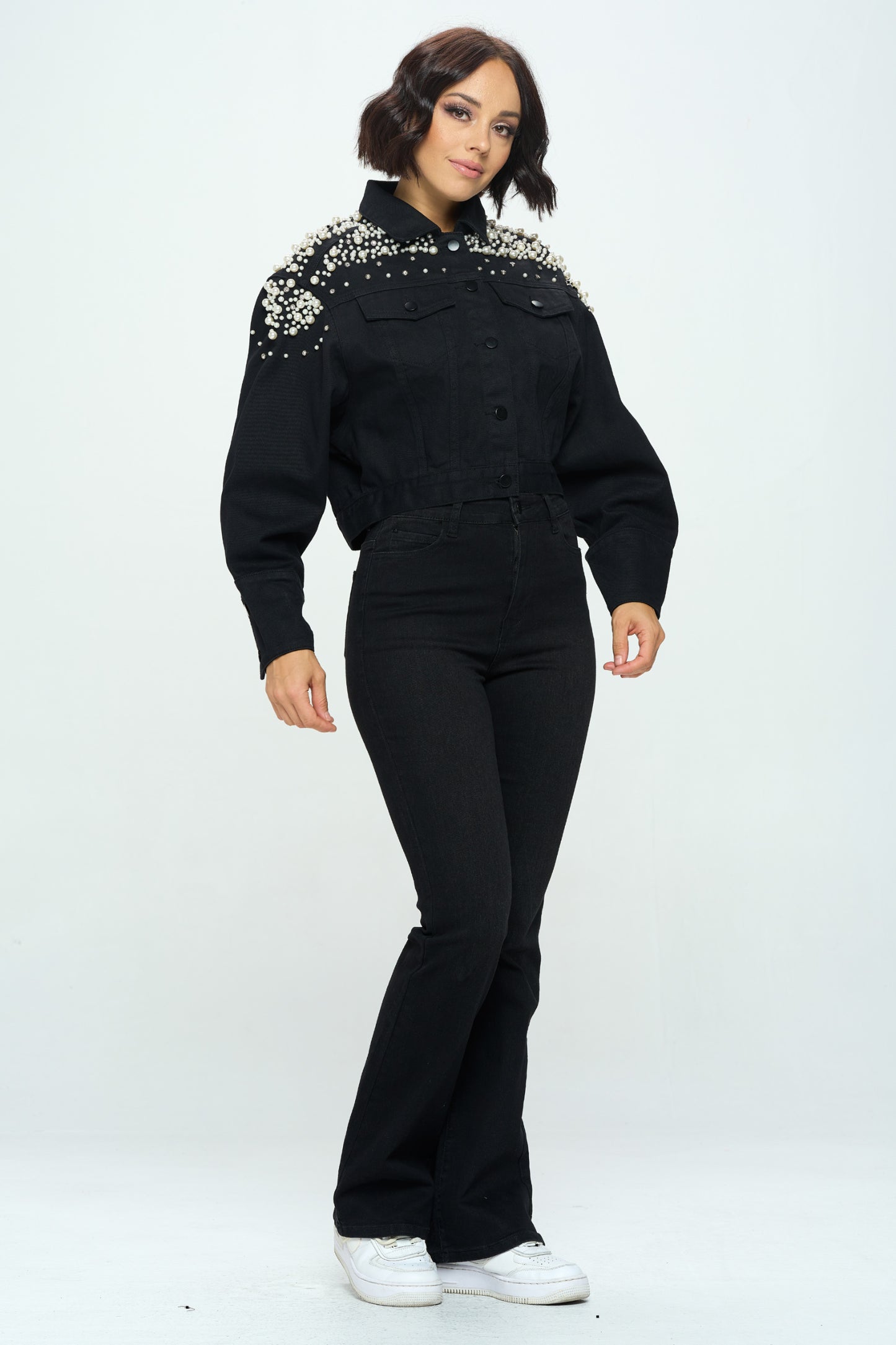 Queen Full Length Pearl and Rhinestone Denim Jacket Black