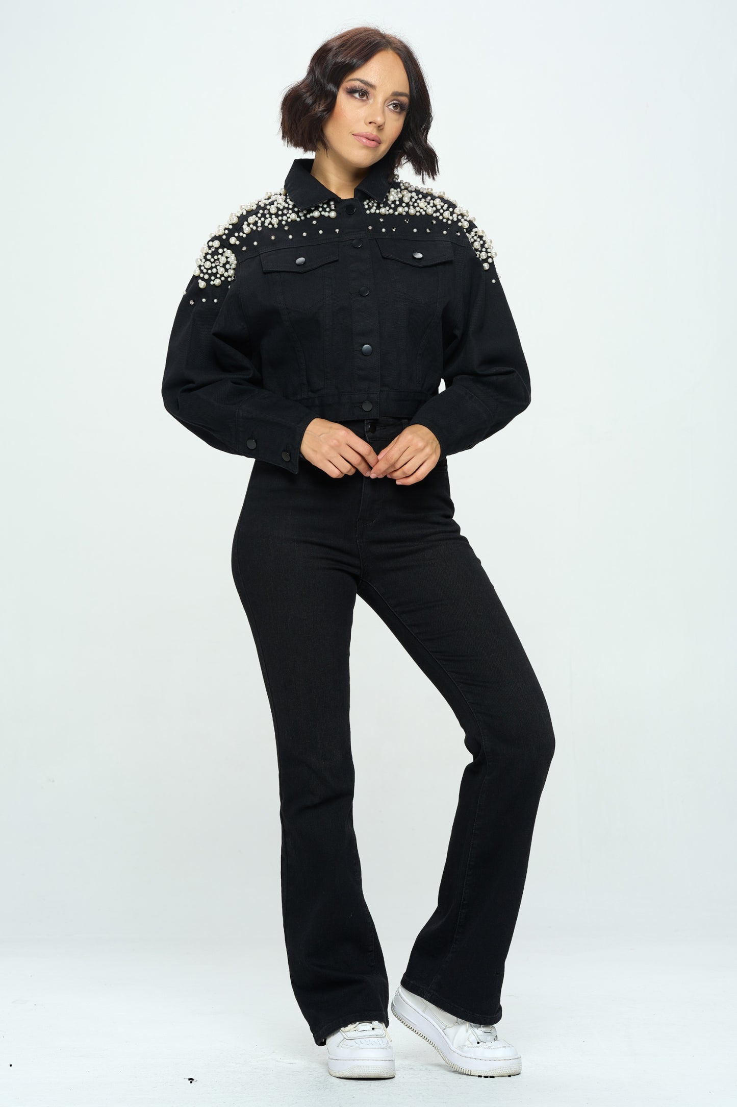Queen Full Length Pearl and Rhinestone Denim Jacket Black