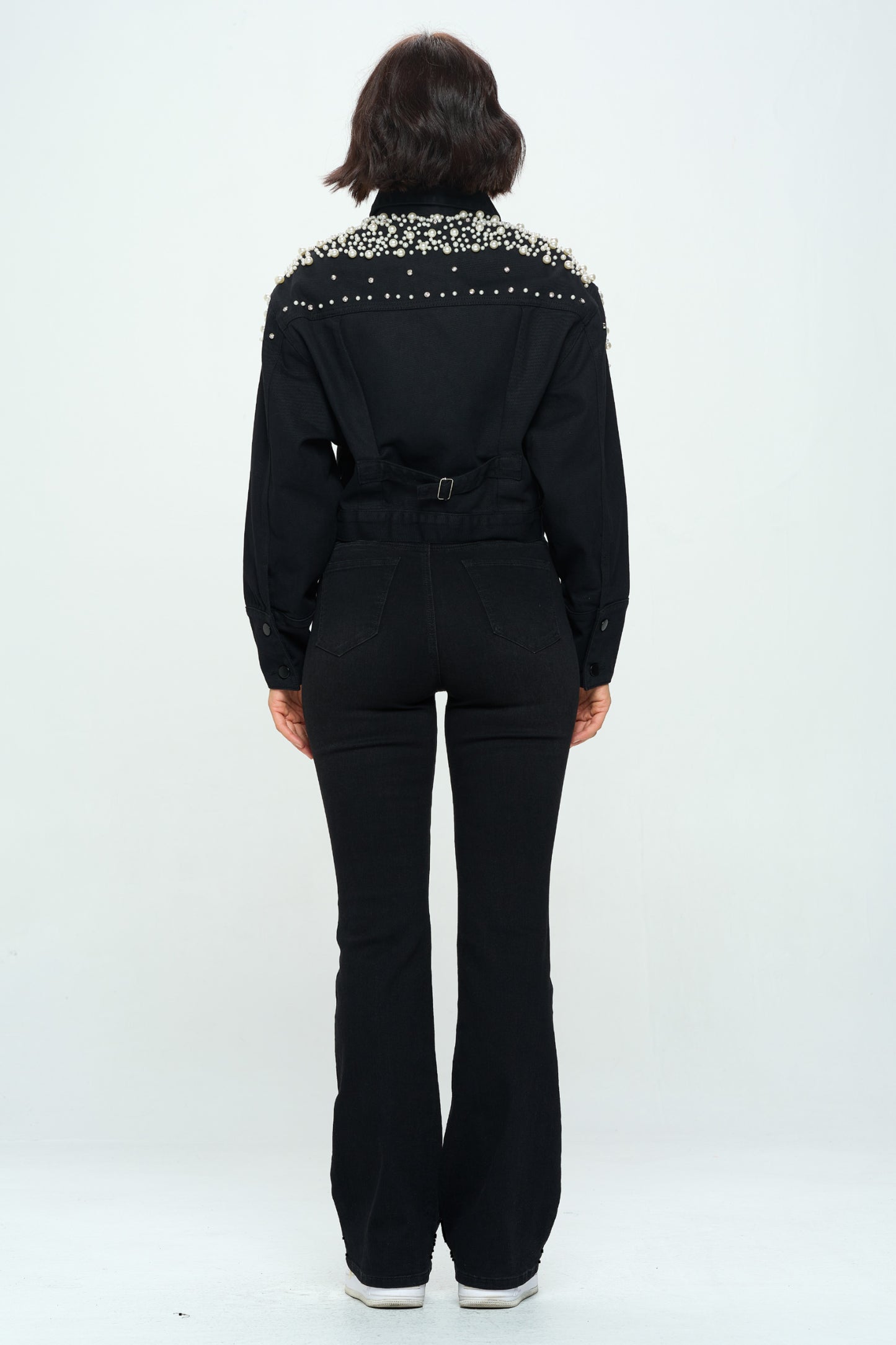 Queen Full Length Pearl and Rhinestone Denim Jacket Black