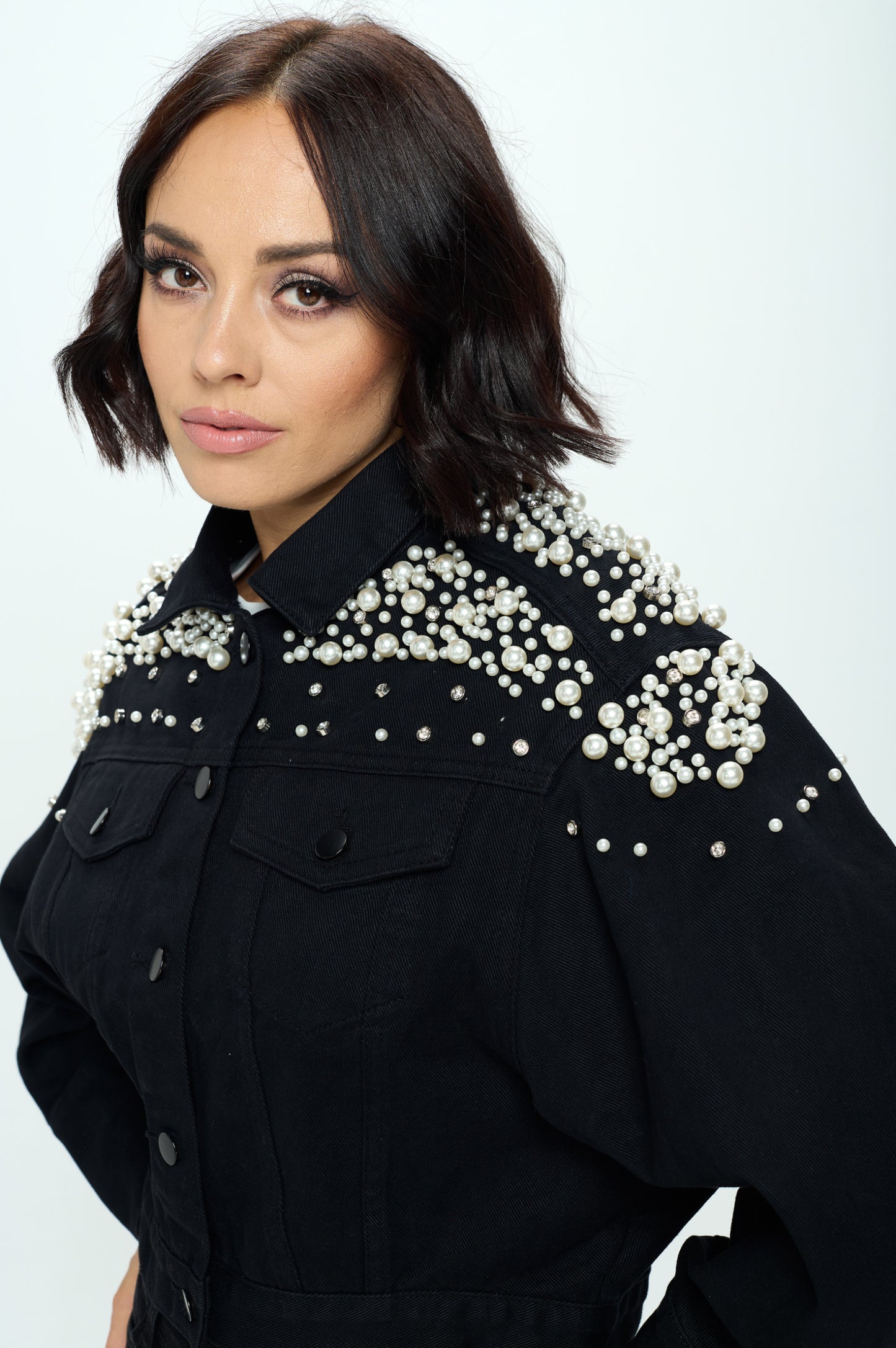 Queen Full Length Pearl and Rhinestone Denim Jacket Black