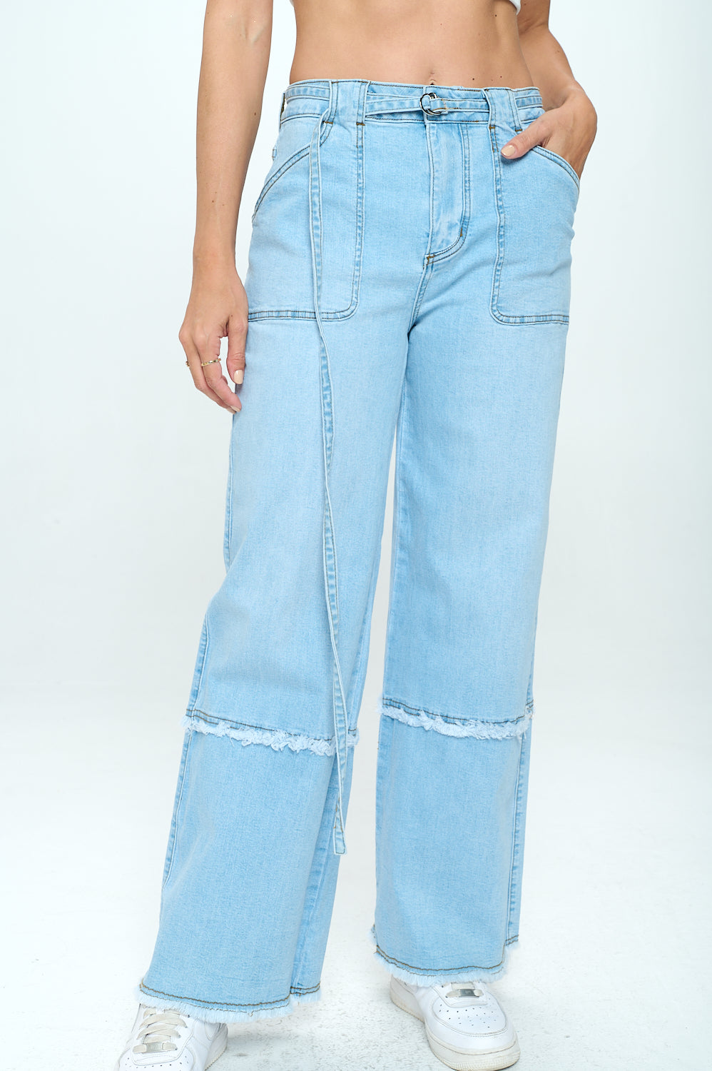 Fringed Stretch Wide Leg Utility Jeans with Detachable D Ring Belt Dark DH2230