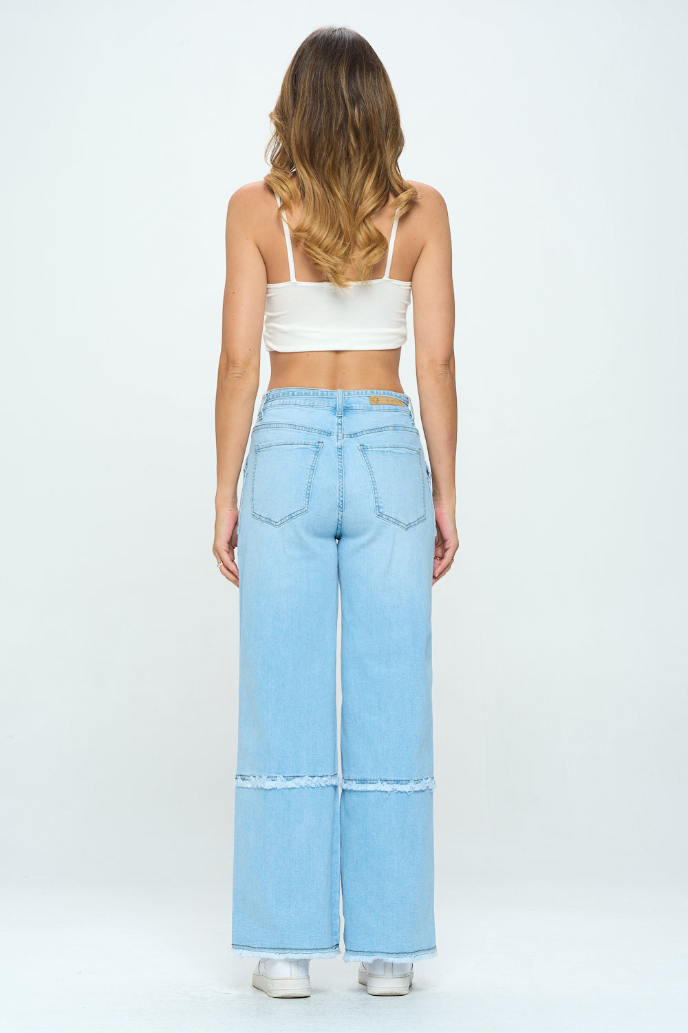Fringed Stretch Wide Leg Utility Jeans with Detachable D Ring Belt Dark DH2230