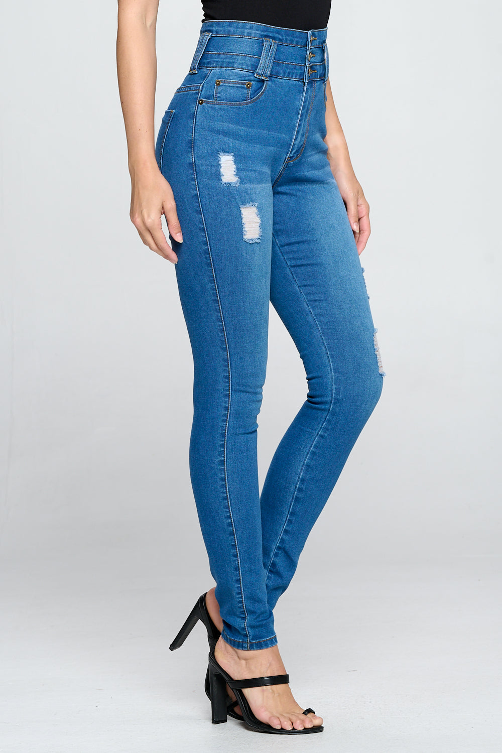 Stacked Waist Slimming High Waist Skinny Jeans Light Blue