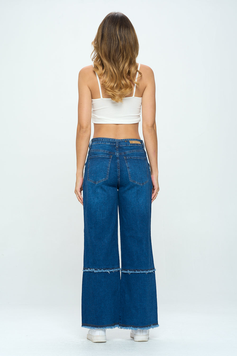 Fringed Stretch Wide Leg Utility Jeans with Detachable D Ring Belt Dark DH2230