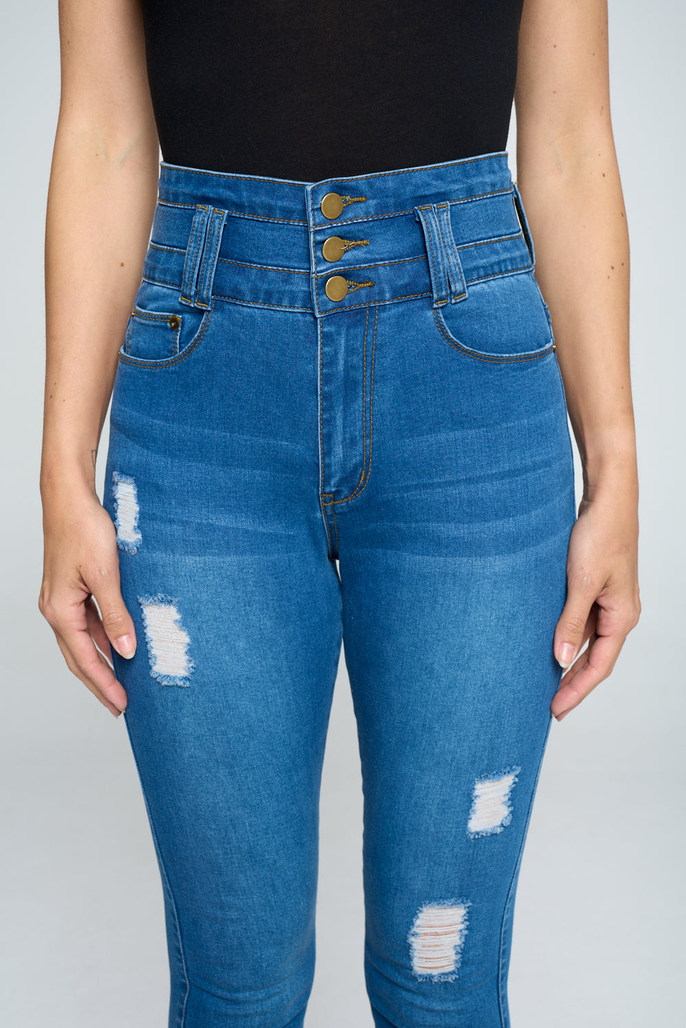 Stacked Waist Slimming High Waist Skinny Jeans Light Blue