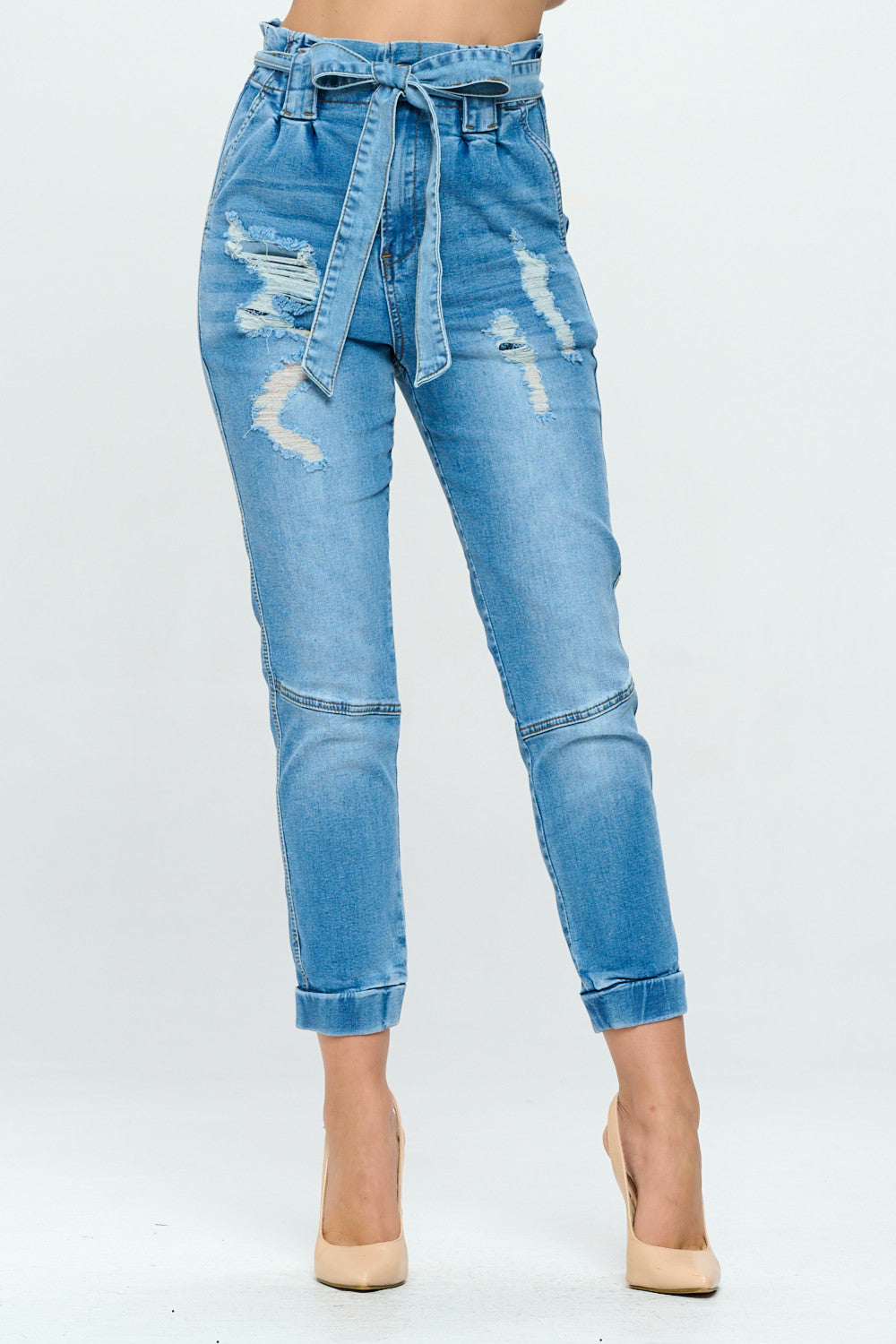 Ankle High Waist Belted Jogger Paper Bag Jean Med DH2210