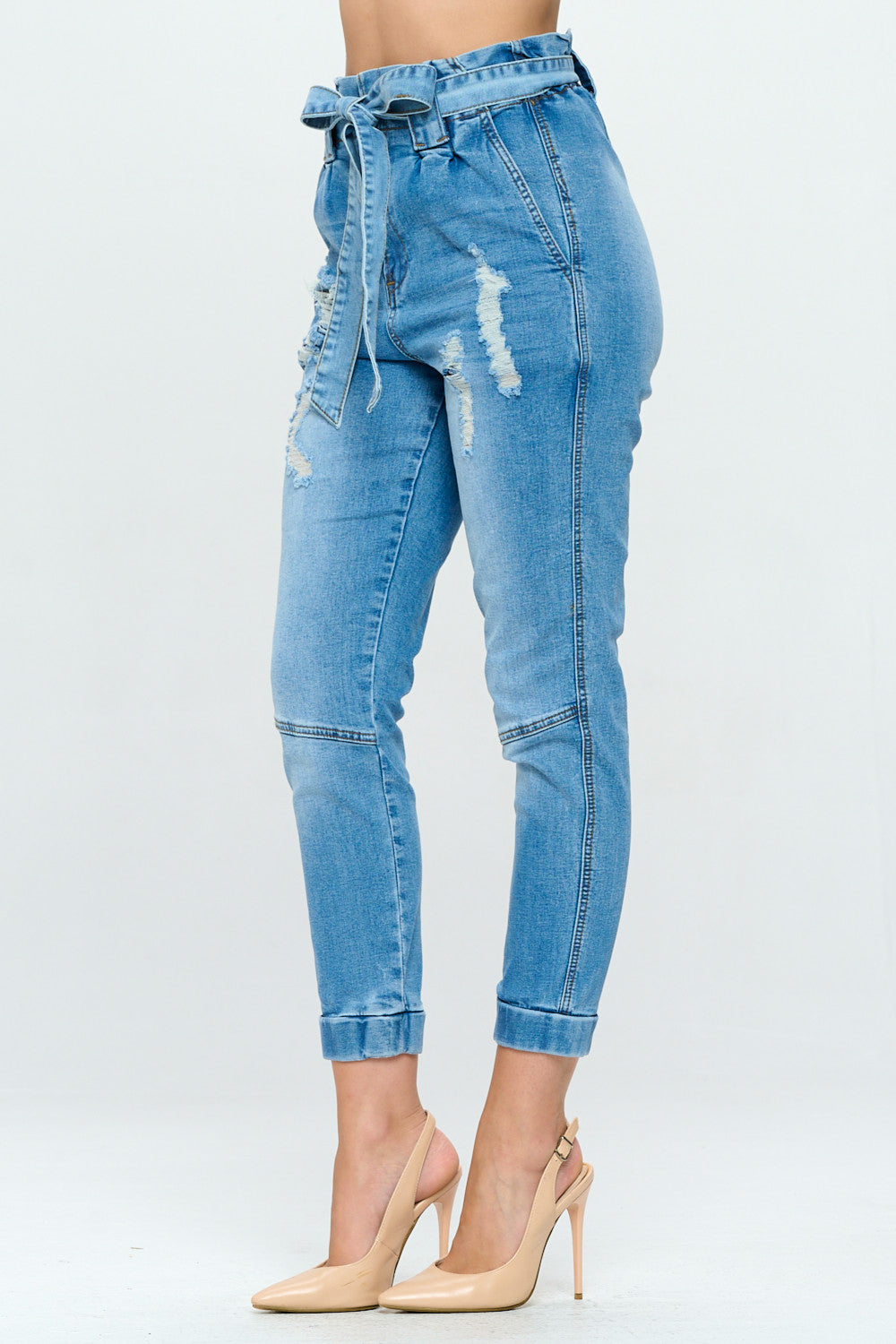 Ankle High Waist Belted Jogger Paper Bag Jean Med DH2210