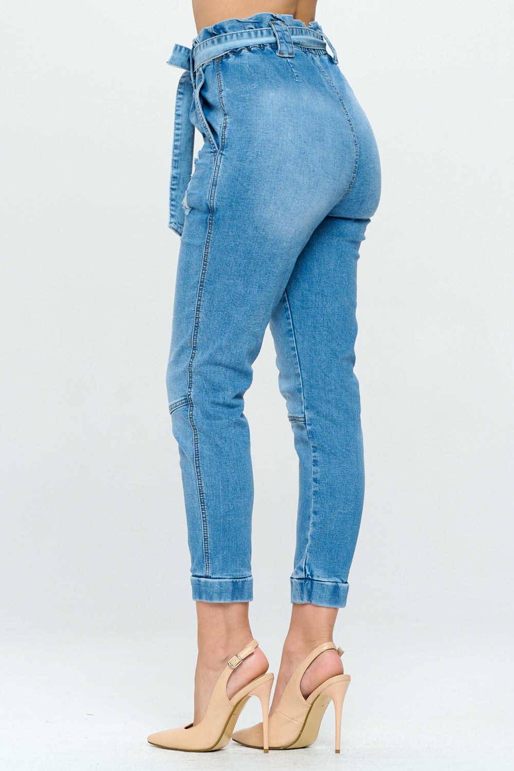 Ankle High Waist Belted Jogger Paper Bag Jean Med DH2210