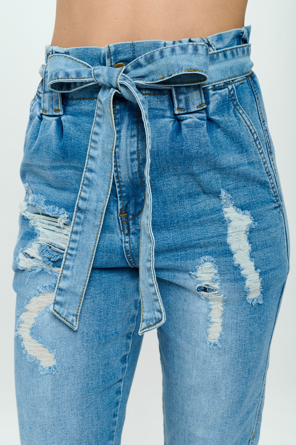 Ankle High Waist Belted Jogger Paper Bag Jean Med DH2210