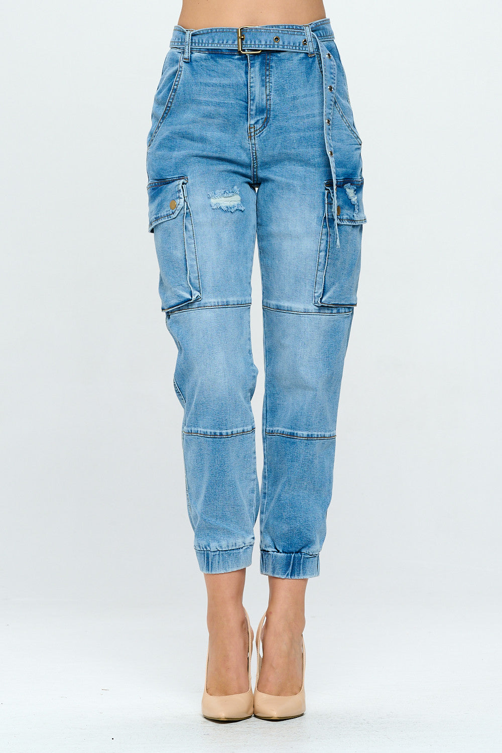 High Waisted Belted Cargo Jogger Jean Med DH2211
