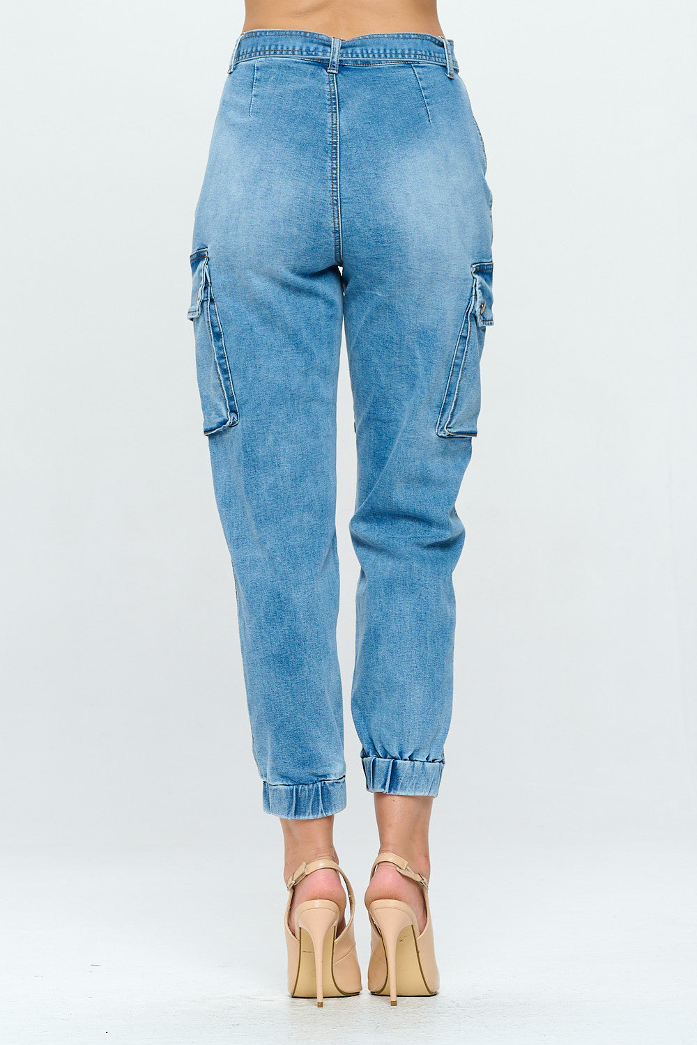 High Waisted Belted Cargo Jogger Jean Med DH2211