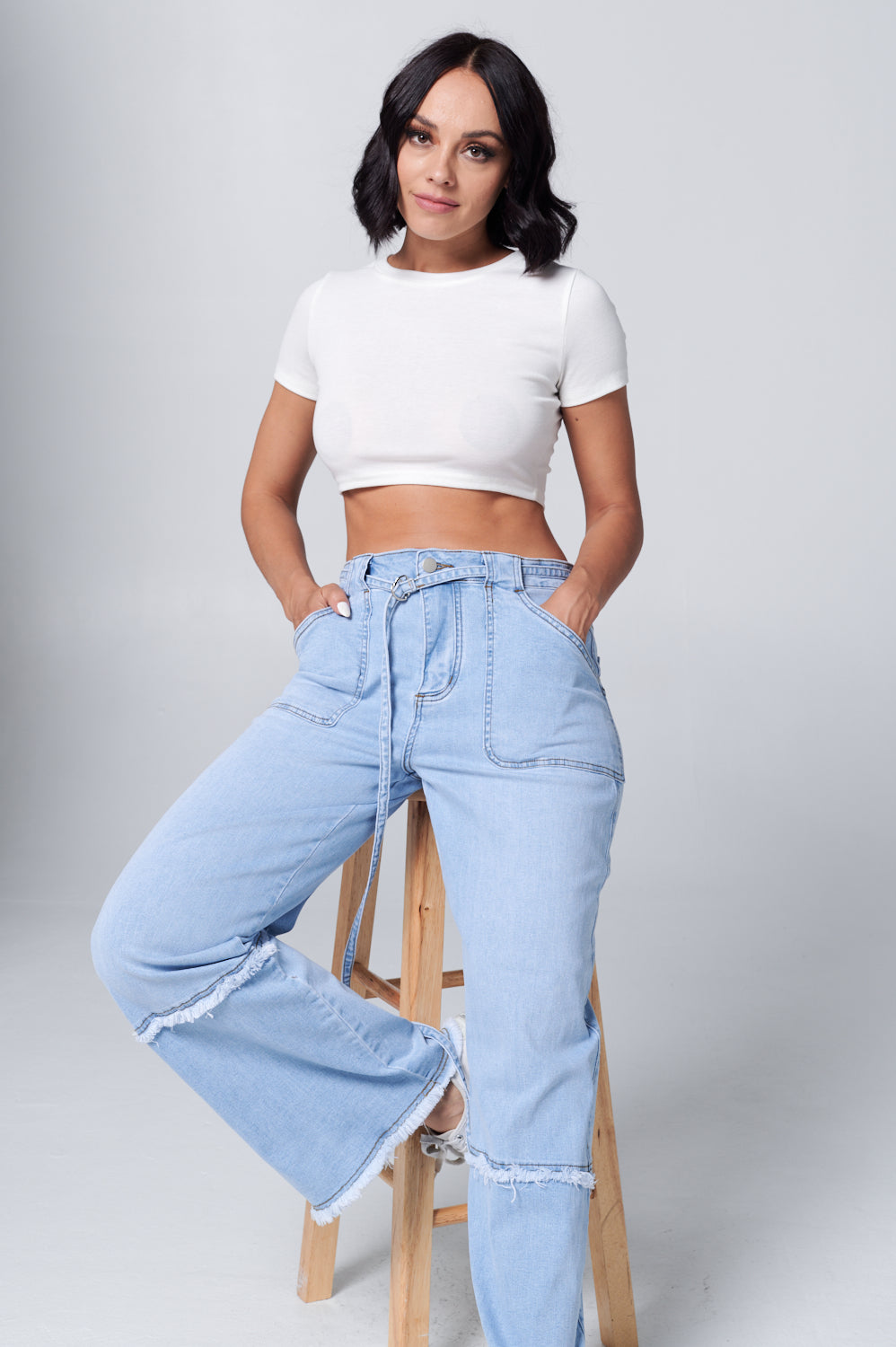 Fringed Stretch Wide Leg Utility Jeans with Detachable D Ring Belt DH2230
