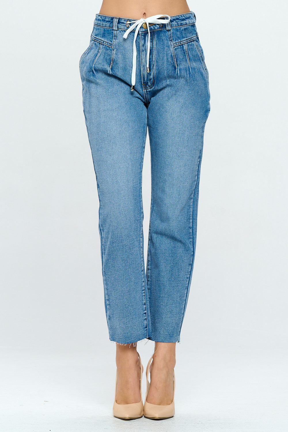 Pleated Raw Hem High Rise Mom Jean Drawstring Light DH2110