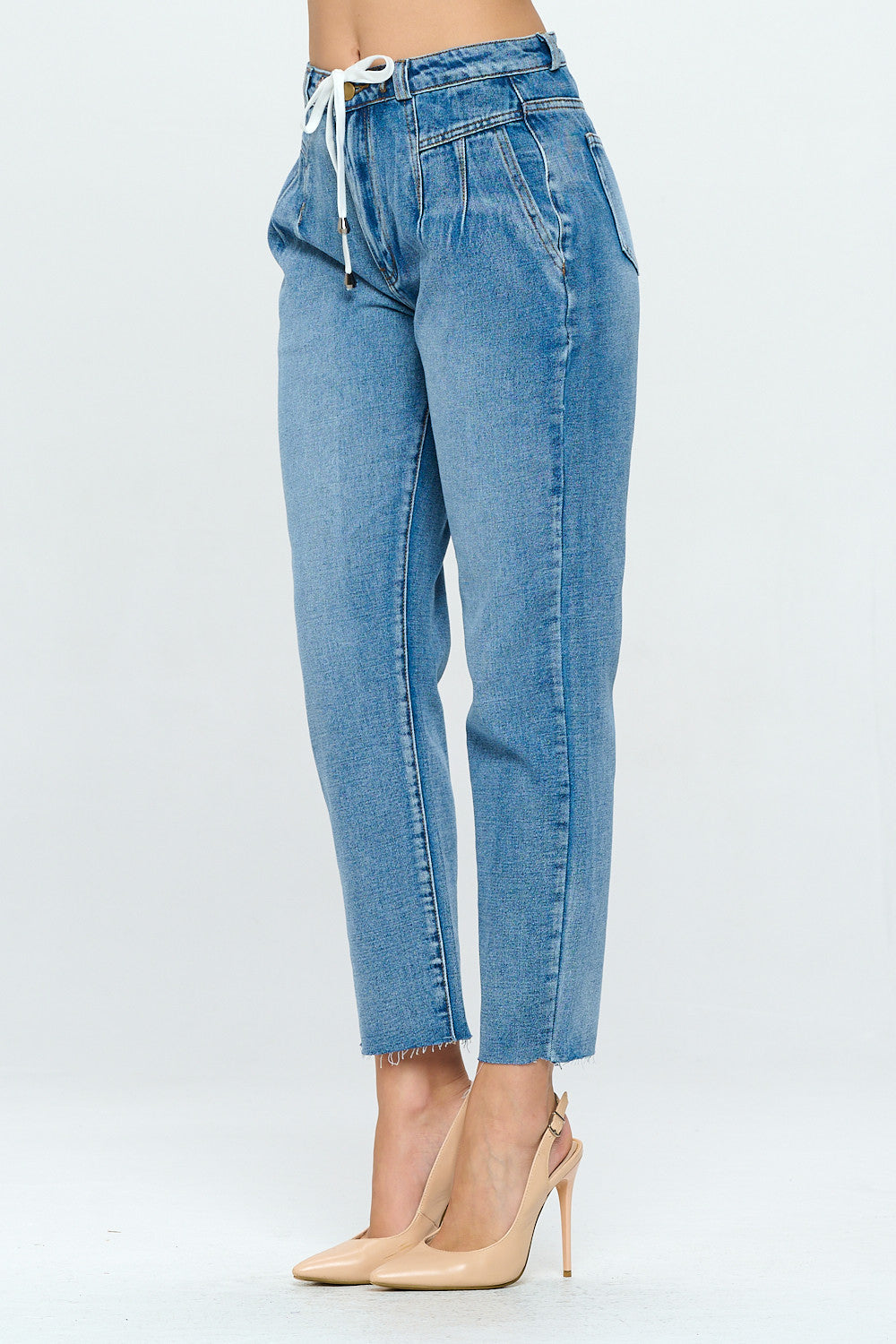 Pleated Raw Hem High Rise Mom Jean Drawstring Light DH2110
