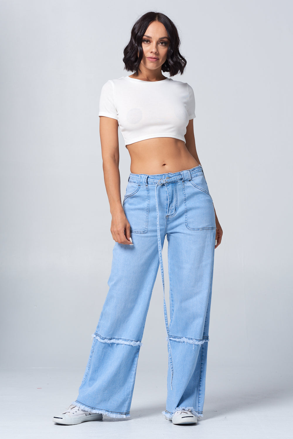 Fringed Stretch Wide Leg Utility Jeans with Detachable D Ring Belt DH2230