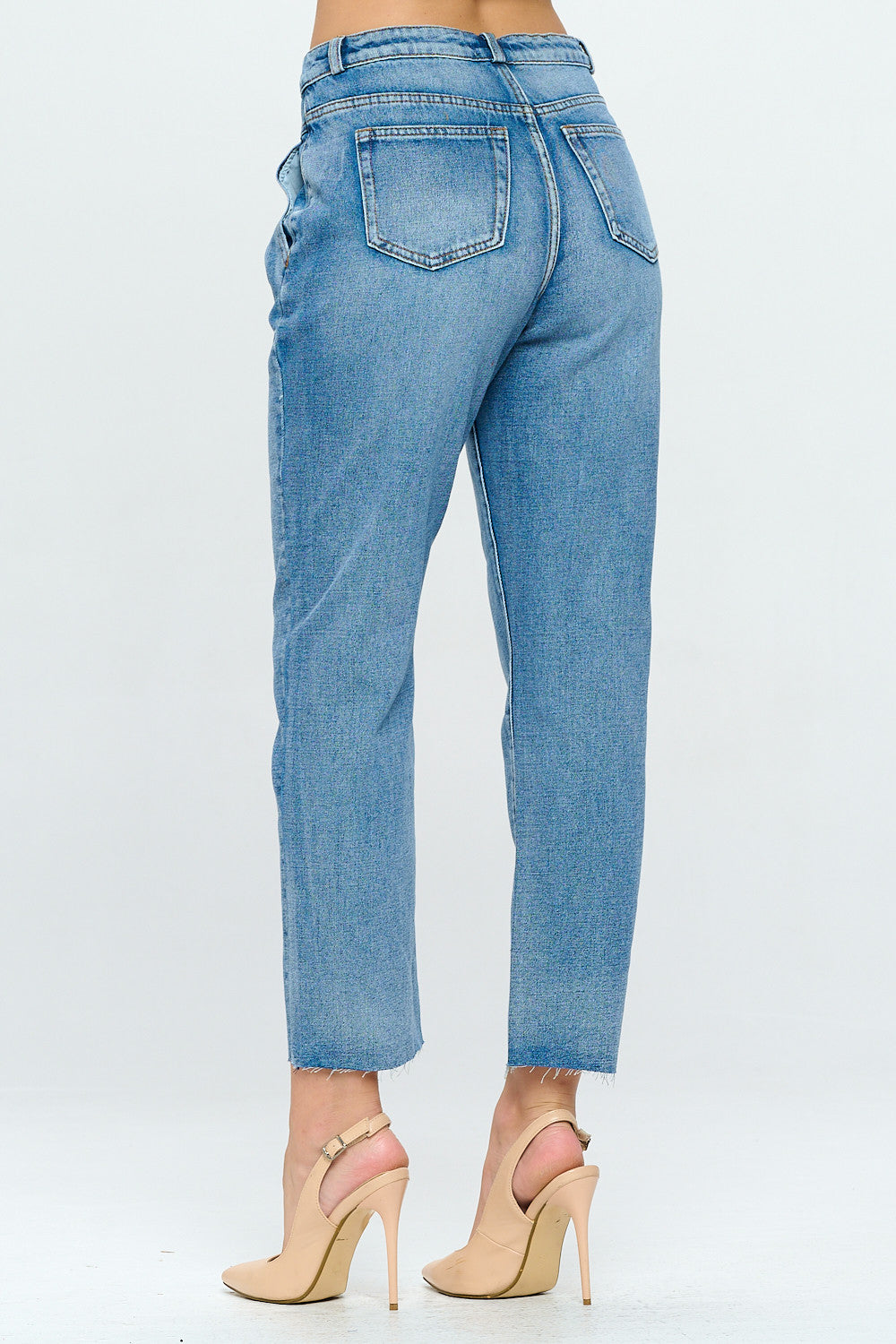 Pleated Raw Hem High Rise Mom Jean Drawstring Light DH2110