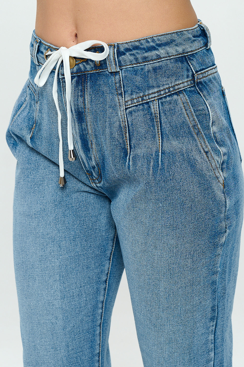 Pleated Raw Hem High Rise Mom Jean Drawstring Light DH2110