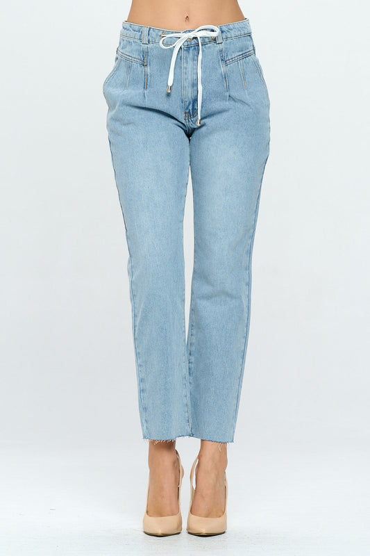 Pleated Raw Hem High Rise Mom Jean Drawstring Light DH2110