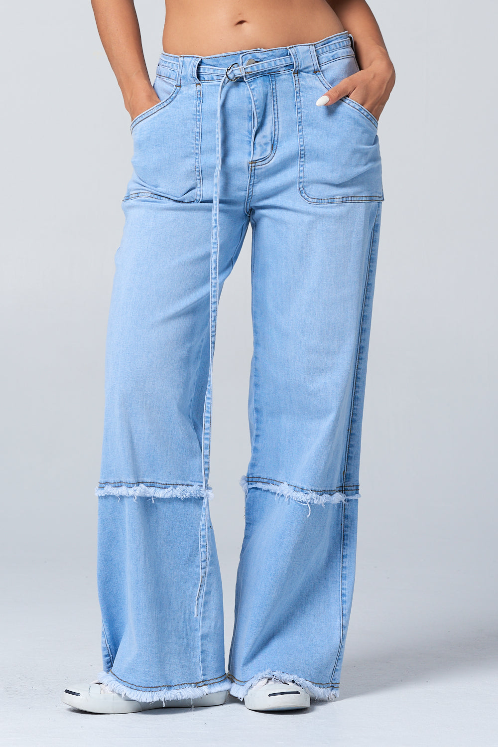 Fringed Stretch Wide Leg Utility Jeans with Detachable D Ring Belt DH2230